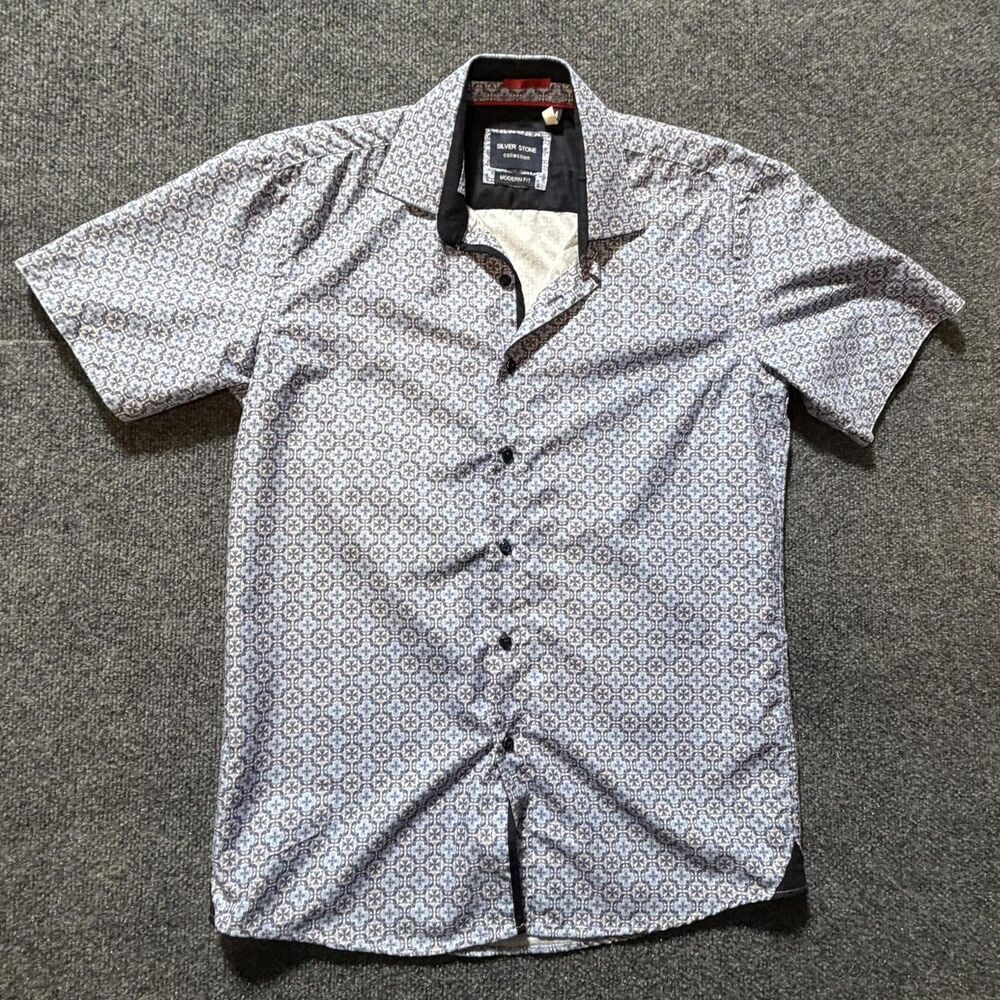 Silverstone Shirt Mens Medium Blue Geometric Print Short Sleeve Button Up